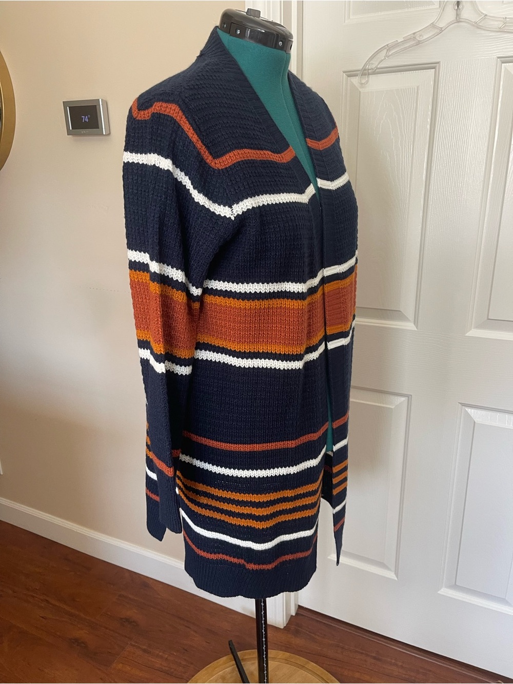 Macy's Navy Open-Front Striped Cardigan with Rust & Cream - Picture 8 of 14